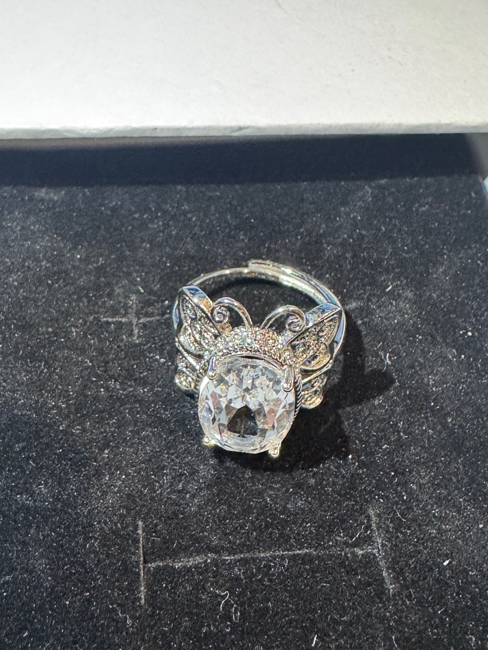 Clear Quartz Silver tone Butterfly Halo Ring with adjustable size